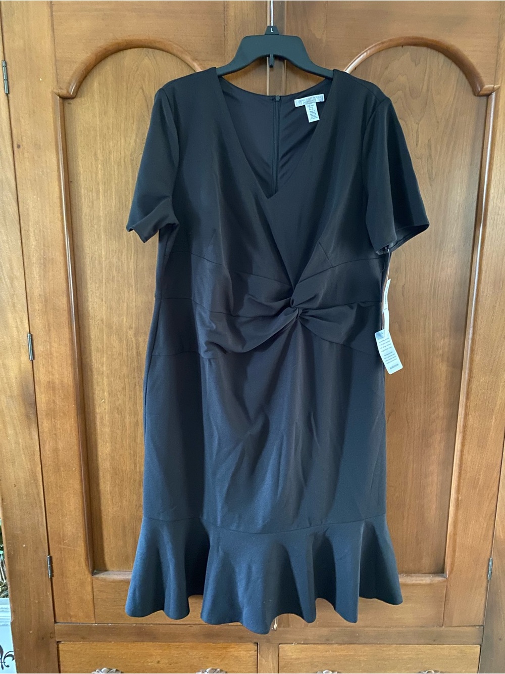 London Times Black Twist-Front Ruffle Hem Dress NWT